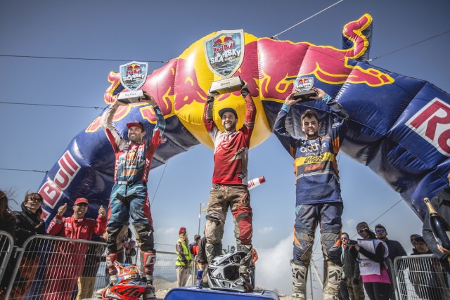 Andreas Lettenbichler (2nd), Andreas Lettenbichler (1st), Scott Bouverie (3rd) celebrate during Mountain Race at Red Bull Sea to Sky in Antalya, Turkey on October 8, 2016